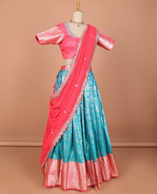 Blue floral jacquard semi-stitched half saree with contrast zari border,  embroidered blouse & scallop border dhavani