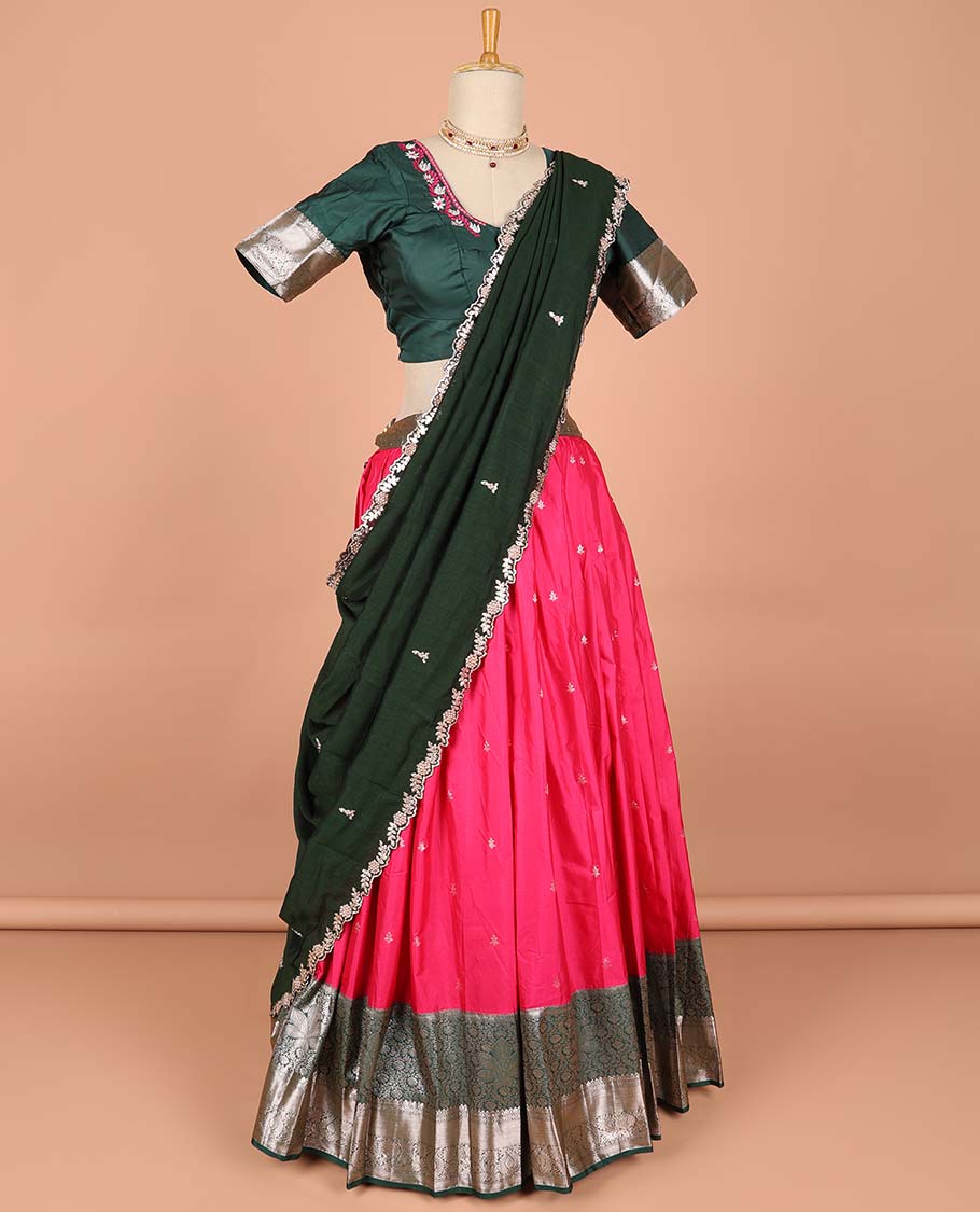 Pink floral buttas semi-stitched half saree with embroidered blouse & scallop border dhavani