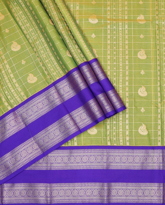 Leaf green art silk material pavadai set, zari design weave pavadai,  contrast blouse & rettai pettu traditional zari border