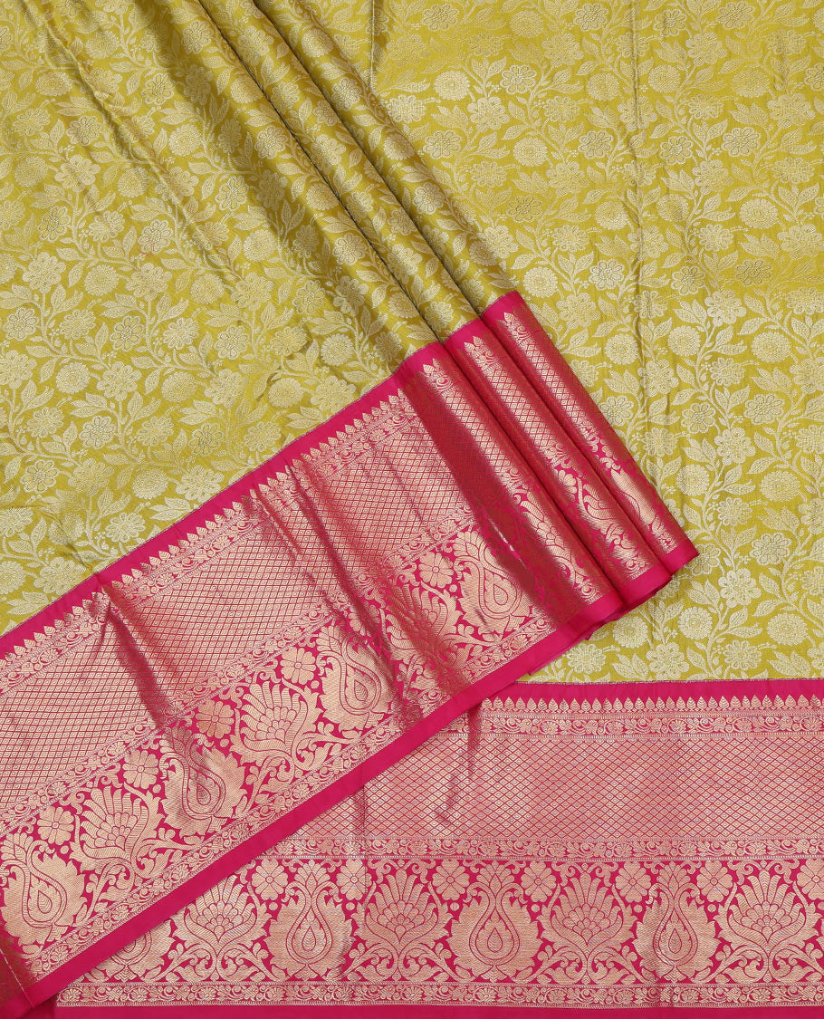 Green Art Silk Pavadai Material, Graced with Jacquard Design, Contrast Traditional Zari Design Border, and a Contrast Blouse