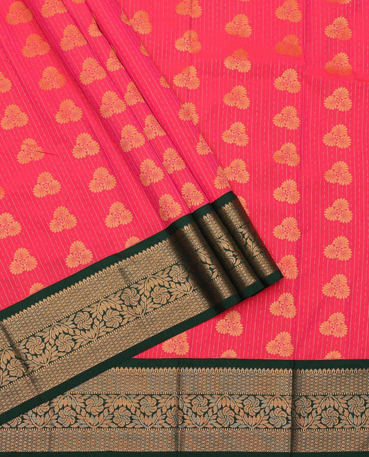 Red Art Silk Pavadai Material Set Featuring Dotted Stripes and Floral Buttas on Its Skirt, Complemented by a Contrast Traditional Zari Design Border, and Paired with a Contrast Blouse