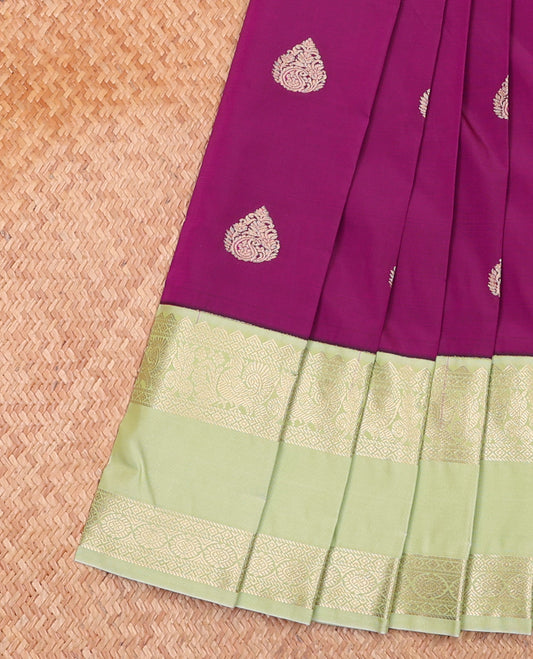 Purple Budget Silk Saree, Adorned with Zari Buttas on Its Body, Complemented by a Contrast Traditional Zari Design Rettai Pettu Border, Pallu of Jaal Designs, and Paired with a Contrast Blouse