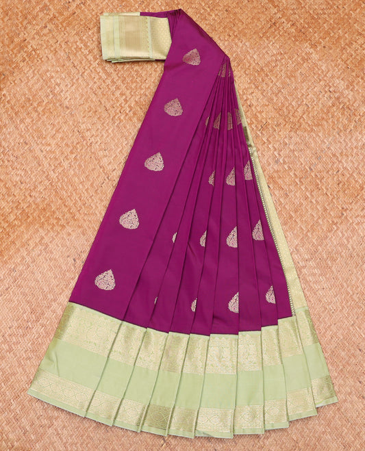 Purple Budget Silk Saree, Adorned with Zari Buttas on Its Body, Complemented by a Contrast Traditional Zari Design Rettai Pettu Border, Pallu of Jaal Designs, and Paired with a Contrast Blouse