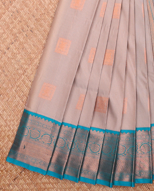 Grey Budget Silk Saree Sparsely Designed with Square Zari Buttas and Zari Stripes, Complemented by a Contrast Traditional Zari Design Border, Pallu Adorned with Jaal Design, and Paired with a Contrast Blouse