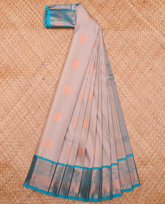Grey Budget Silk Saree Sparsely Designed with Square Zari Buttas and Zari Stripes, Complemented by a Contrast Traditional Zari Design Border, Pallu Adorned with Jaal Design, and Paired with a Contrast Blouse