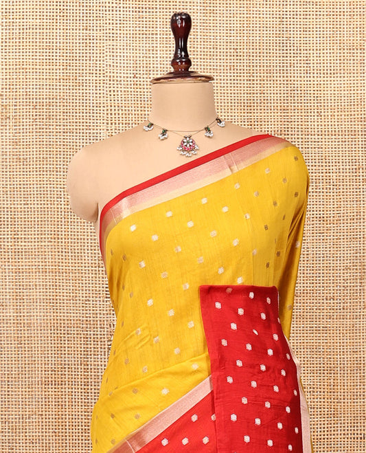 Yellow Assam Silk Saree, Steeped with Zari Buttas, Complemented by Contrast Zari Buttas Woven Border, Gleaming Pallu, and Contrast Blouse