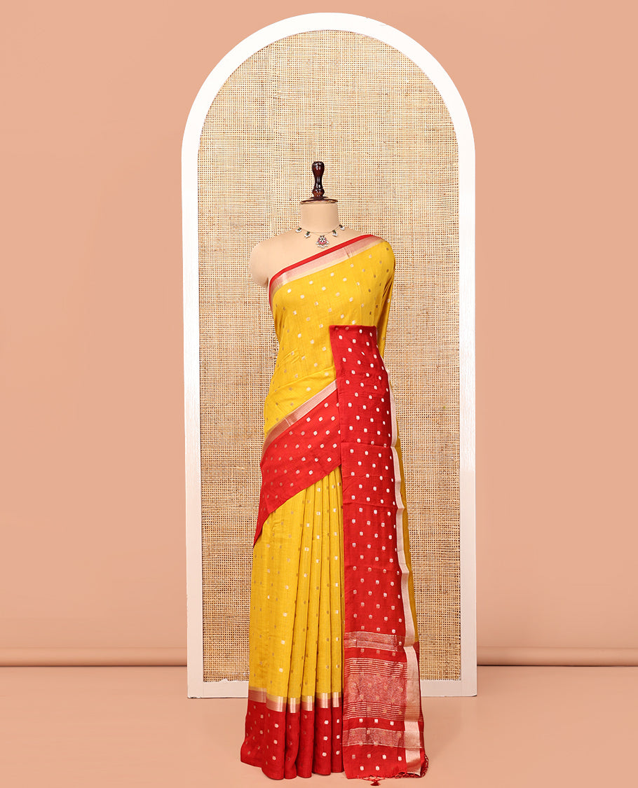 Yellow Assam Silk Saree, Steeped with Zari Buttas, Complemented by Contrast Zari Buttas Woven Border, Gleaming Pallu, and Contrast Blouse