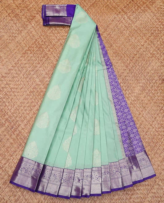 Green Budget Silk Saree, Elevated with Zari Buttas All Over Its Body, Complemented by a Contrast Traditional Zari Design Border, Grand Jaal Pallu, and Paired with a Contrast Blouse