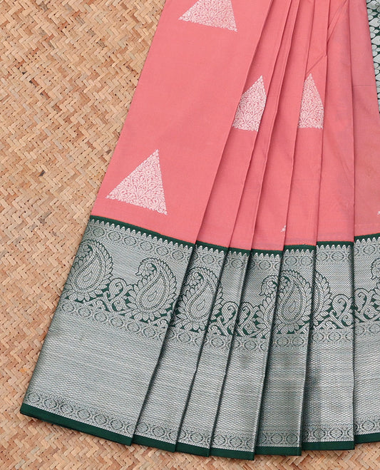 Peach Budget Silk Saree, Elevated with Zari Buttas on Its Body, Complemented by a Contrast Traditional Zari Border of Paisley Designs, Grand Jaal Pallu, and Paired with a Contrast Blouse