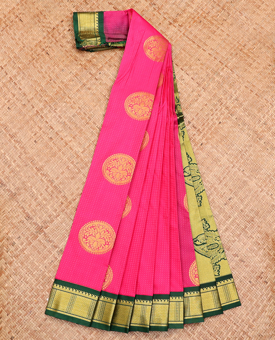 Pink Budget Silk Saree, Embellished with Round Buttas All Over Its Body, Complemented by a Contrast Traditional Zari Design Border, Intricately Designed Pallu, and Paired with a Contrast Blouse