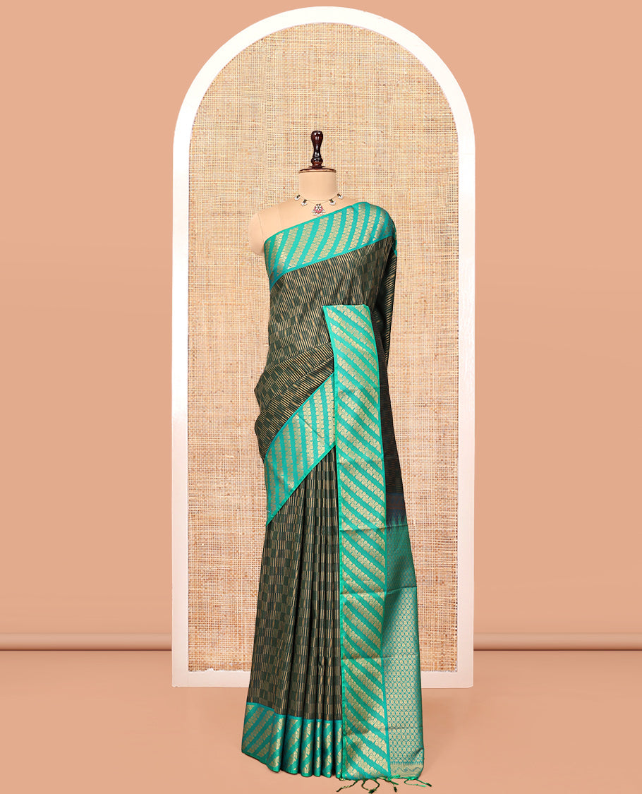 Green Budget Silk Saree, Elevated with Zari Checks, Complemented by Contrast Floral Creeper Border, Intricately Designed Pallu, and a Contrast Blouse