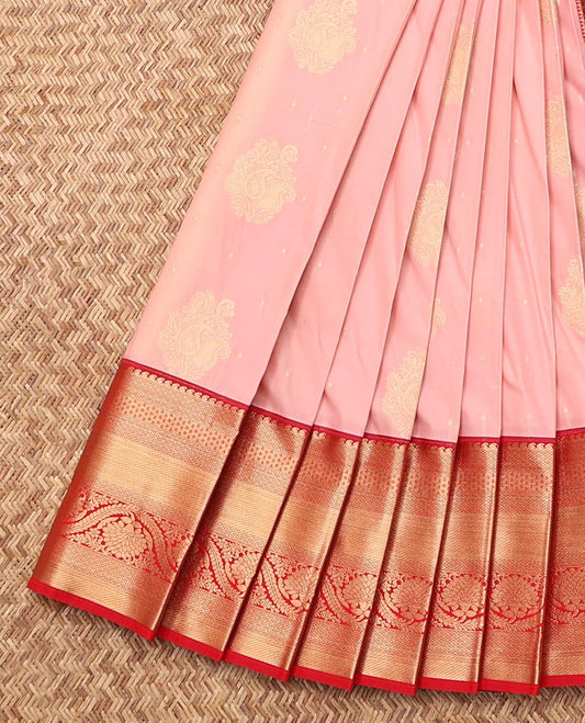 Pink Budget Silk Saree, Sparsely Sparkled with Zari Buttas, Complemented by Contrast Traditional Zari Border, Grand Pallu, and a Contrast Blouse