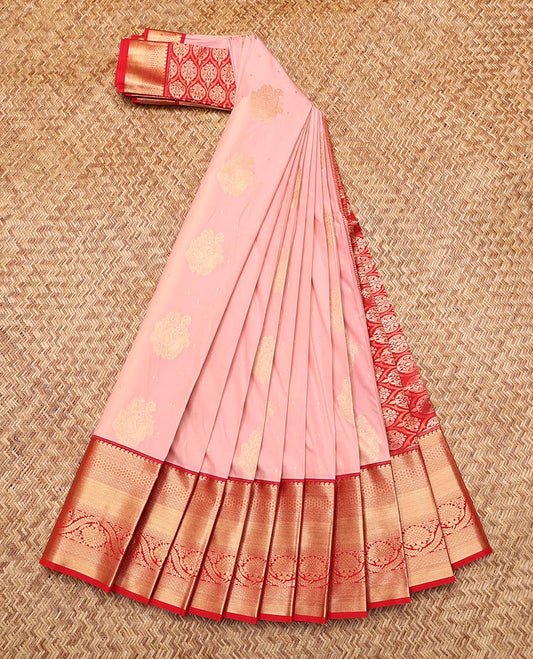 Pink Budget Silk Saree, Sparsely Sparkled with Zari Buttas, Complemented by Contrast Traditional Zari Border, Grand Pallu, and a Contrast Blouse