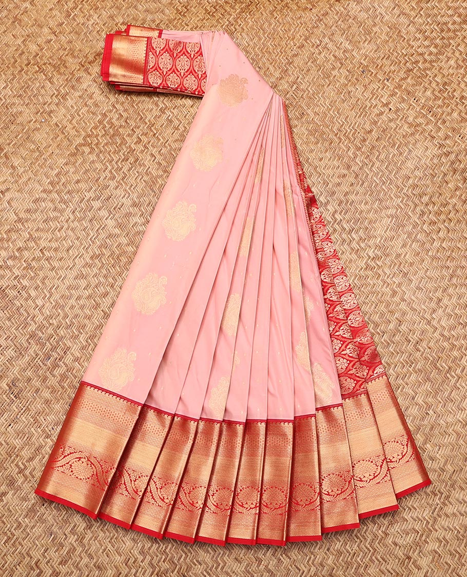 Pink Budget Silk Saree, Sparsely Sparkled with Zari Buttas, Complemented by Contrast Traditional Zari Border, Grand Pallu, and a Contrast Blouse