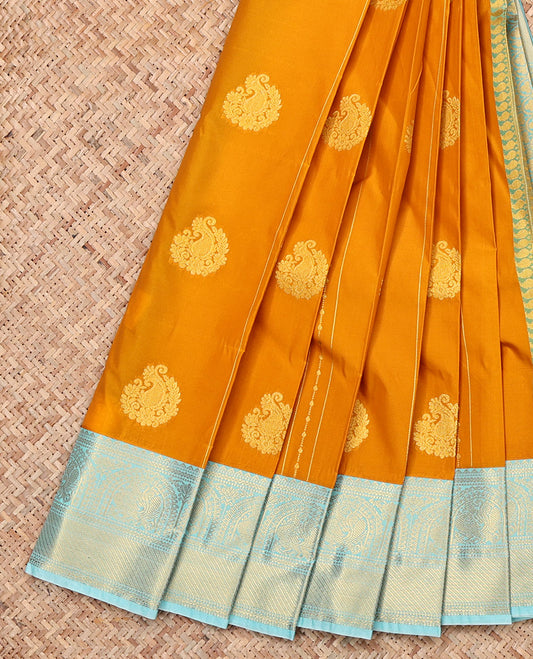 Yellow Budget Silk Saree, Subtly Woven with Zari Designs, a Contrast Traditional Zari Checked Border, Grand Pallu, and a Contrast Blouse