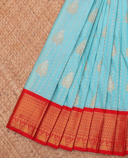 Blue Budget Silk saree, Adorned with Zari Buttas All Over Its Body, Complemented by Contrast Traditional Zari Designs Woven Border, Grand Pallu and Paired with a Contrast Blouse