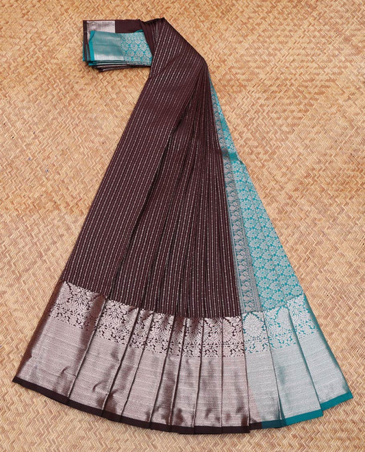 Brown Budget Silk Saree, Embellished with Zari Stripes All Over Its Body, Highlighted by Traditional Zari Designs Woven Border, Contrast Grand Pallu and Paired with a Contrast Blouse