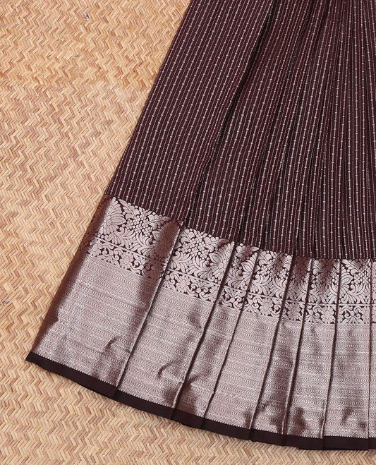 Brown Budget Silk Saree, Embellished with Zari Stripes All Over Its Body, Highlighted by Traditional Zari Designs Woven Border, Contrast Grand Pallu and Paired with a Contrast Blouse