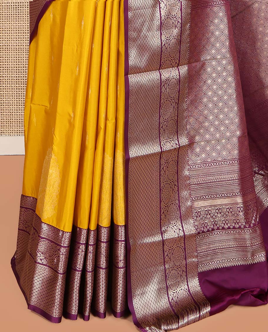 Yellow Budget Silk Saree, Subtly Sparkled with Zari Buttas All Over Its Body, Complemented by a Contrast Traditional Zari Design Border of Floral Creeper Designs, an Intricate Jaal Design Pallu, and Paired with a Contrast Blouse