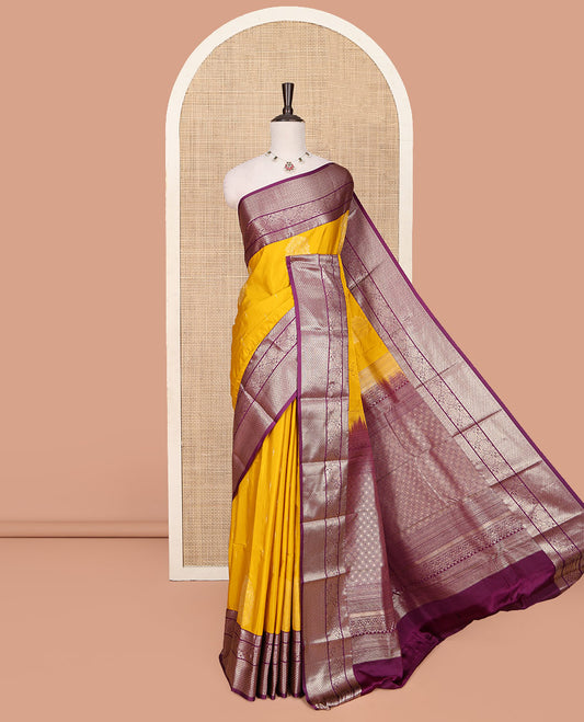 Yellow Budget Silk Saree, Subtly Sparkled with Zari Buttas All Over Its Body, Complemented by a Contrast Traditional Zari Design Border of Floral Creeper Designs, an Intricate Jaal Design Pallu, and Paired with a Contrast Blouse