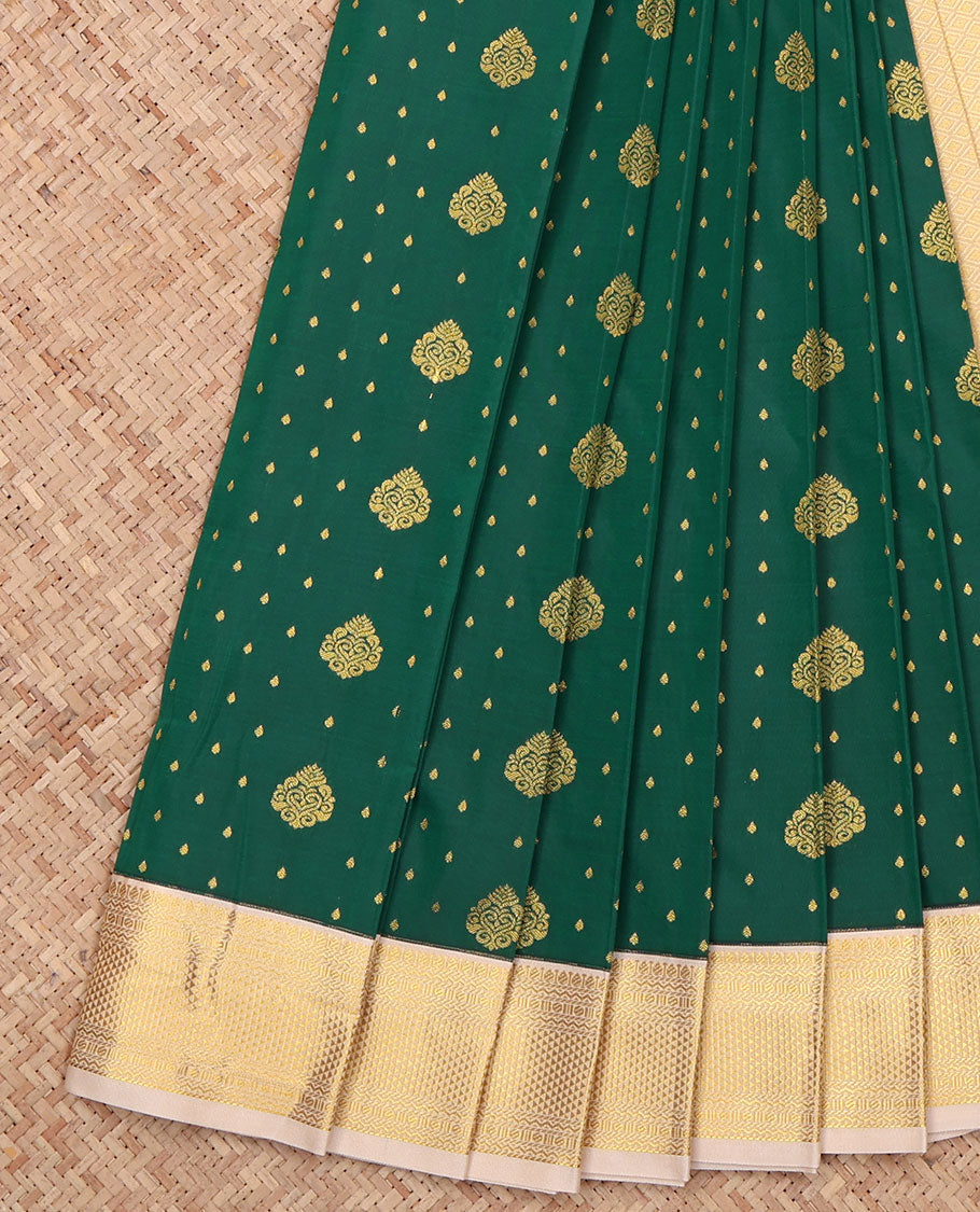 Green Budget Silk Saree, Accentuated with Zari Buttas All Over Its Body, Complemented by a Contrast Traditional Zari Design-Woven Border, Subtly Woven Pallu of Jaal Designs, and Paired with a Contrast Blouse