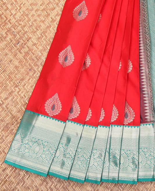 Red Budget Silk Saree, Accentuated with Zari Buttas All Over Its Body, Complemented by a Contrast Traditional Zari Design Border, Diagonally Striped Pallu, and Paired with a Contrast Blouse