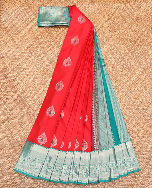Red Budget Silk Saree, Accentuated with Zari Buttas All Over Its Body, Complemented by a Contrast Traditional Zari Design Border, Diagonally Striped Pallu, and Paired with a Contrast Blouse