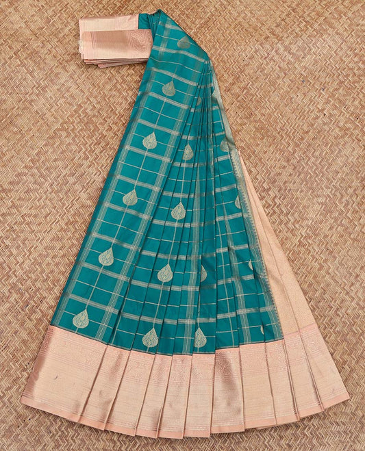 Blue Budget Silk Saree, Woven with Butta Enclosed Checks, Complemented by a Contrast Traditional Zari Design Border, Grand Jaal Pallu, and Paired with a Contrast Blouse
