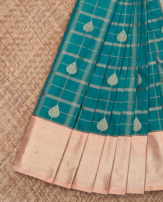 Blue Budget Silk Saree, Woven with Butta Enclosed Checks, Complemented by a Contrast Traditional Zari Design Border, Grand Jaal Pallu, and Paired with a Contrast Blouse