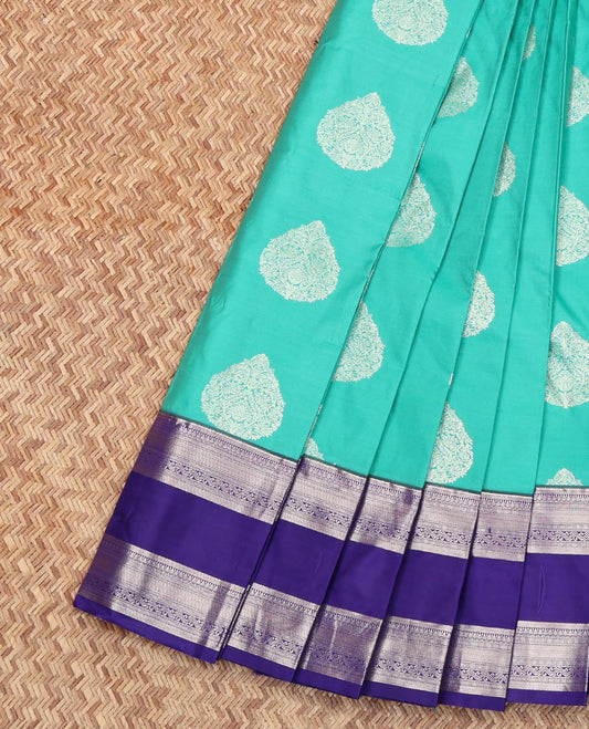 Blue Budget Silk Saree, Entralled with Zari Buttas All Over Its Body, Complemented by Contrast Traditional Zari Designs Woven Rettai Pettu Border, Grand Pallu and Paired with a Contrast Blouse