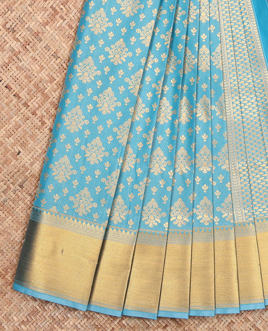 Sky Blue Budget Silk Saree, Enriched with Zari Buttas All Over Its Body, Highlighted by Traditional Zari Designs Woven Border, Grand Pallu, and Paired with a Matching Blouse