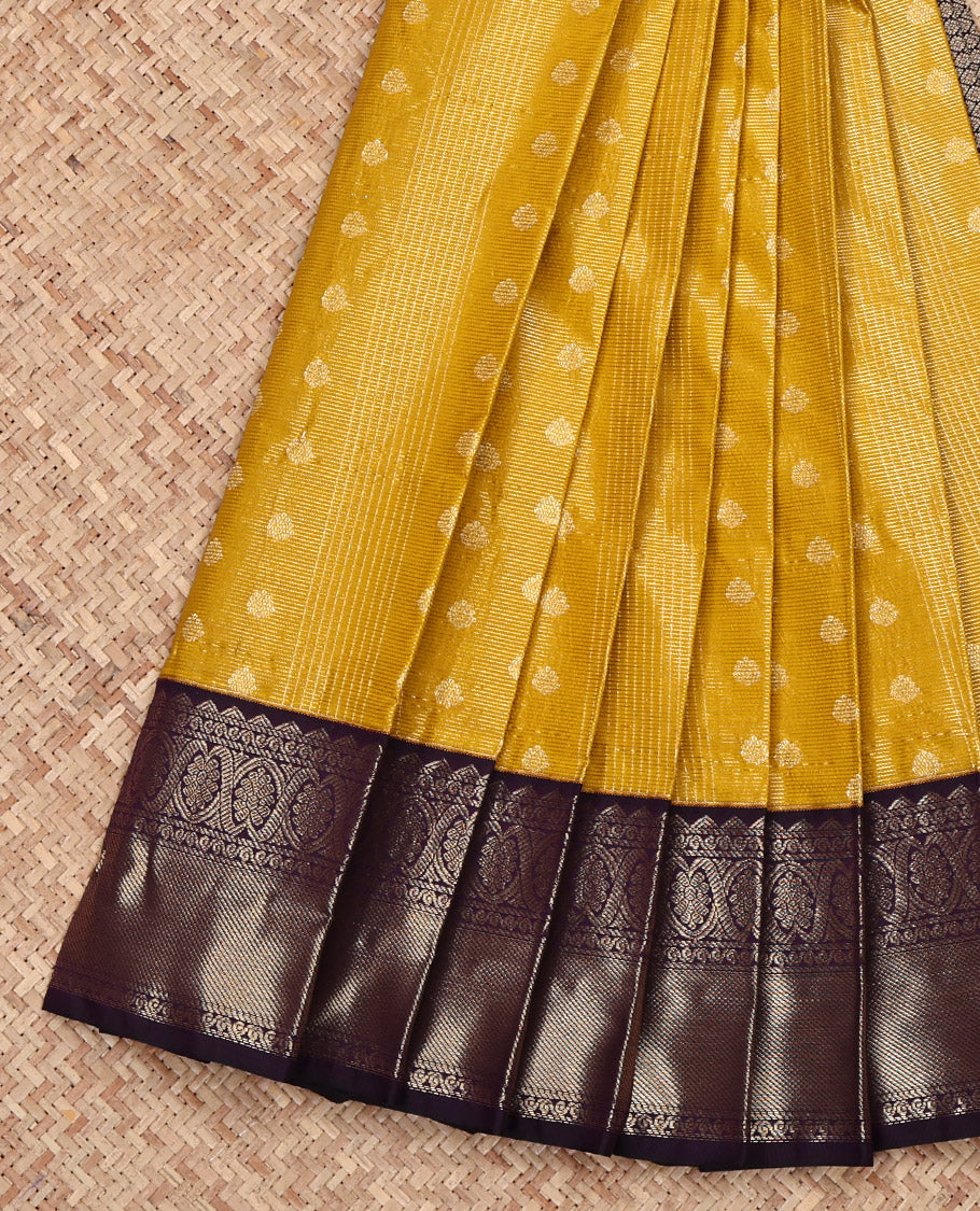 Yellow Budget Silk Saree, Woven with Zari Buttas and Checks All Over Its Body, Complemented by a Contrast Traditional Zari Design Border, Grand Pallu, and Paired with a Contrast Blouse