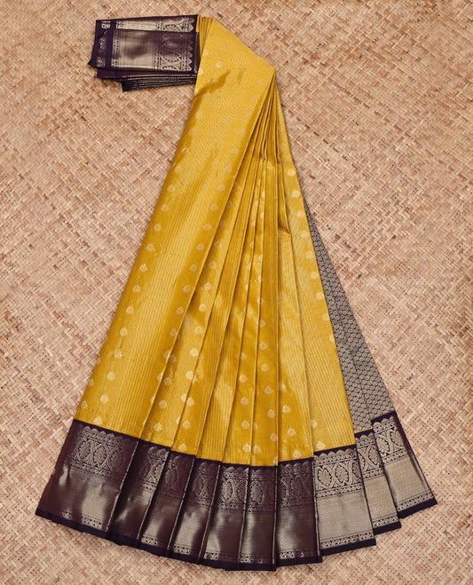 Yellow Budget Silk Saree, Woven with Zari Buttas and Checks All Over Its Body, Complemented by a Contrast Traditional Zari Design Border, Grand Pallu, and Paired with a Contrast Blouse