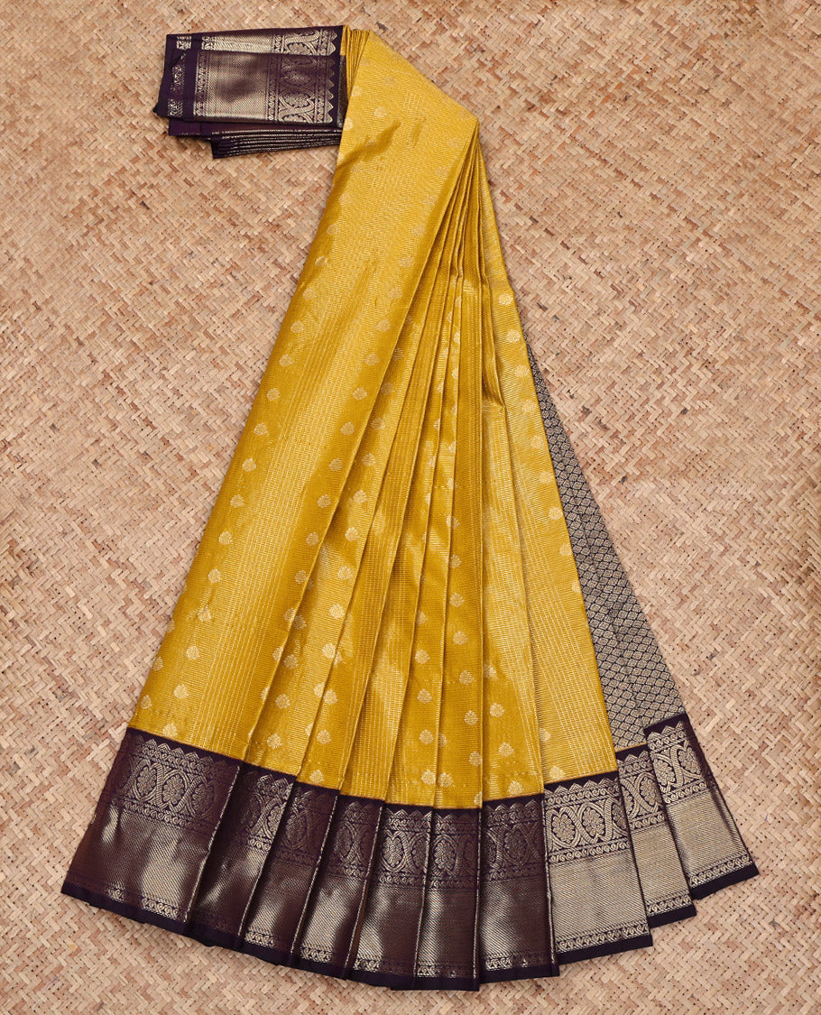 Yellow Budget Silk Saree, Woven with Zari Buttas and Checks All Over Its Body, Complemented by a Contrast Traditional Zari Design Border, Grand Pallu, and Paired with a Contrast Blouse