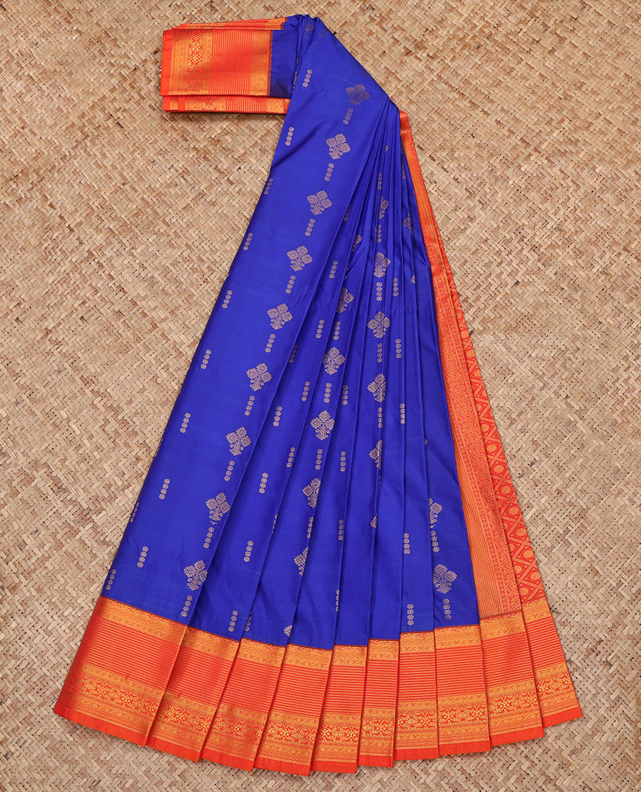 Royal Blue Budget Silk Saree, Elevated with Zari Buttas All Over Its Body, Complemented by a Contrast Traditional Zari Design Border, Grand Jaal Pallu, and Paired with a Contrast Blouse