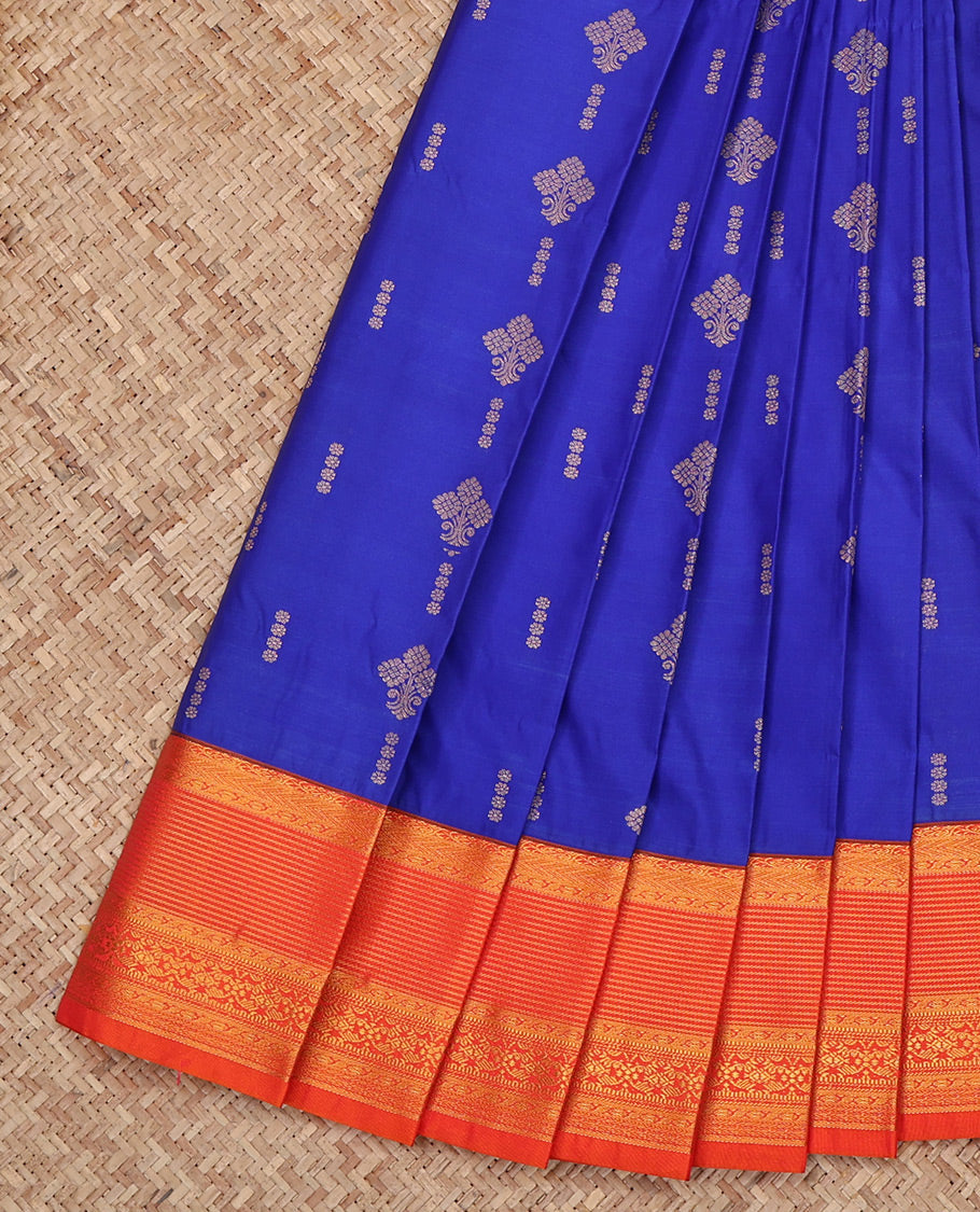 Royal Blue Budget Silk Saree, Elevated with Zari Buttas All Over Its Body, Complemented by a Contrast Traditional Zari Design Border, Grand Jaal Pallu, and Paired with a Contrast Blouse