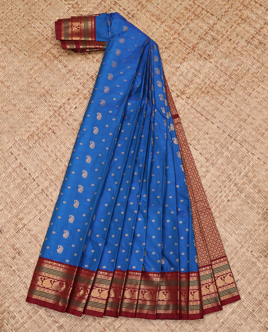 Blue Budget Silk Saree, Bedecked with Zari Buttas All Over Its Body, Complemented by a Contrast Traditional Zari Design Border, Grand Pallu, and Paired with a Contrast Blouse