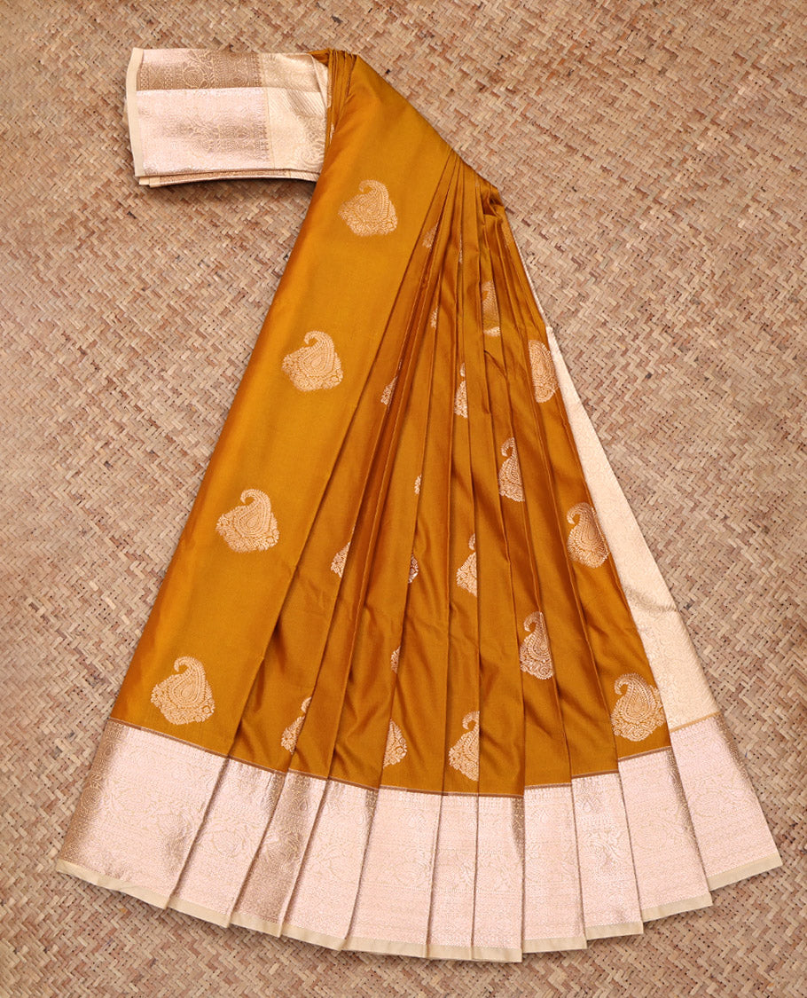 Yellow Budget Silk Saree, Graced with Zari Buttas All Over Its Body, Complemented by a Contrast Traditional Zari Design Woven Border, Sparsely Woven Pallu, and Paired with a Contrast Blouse