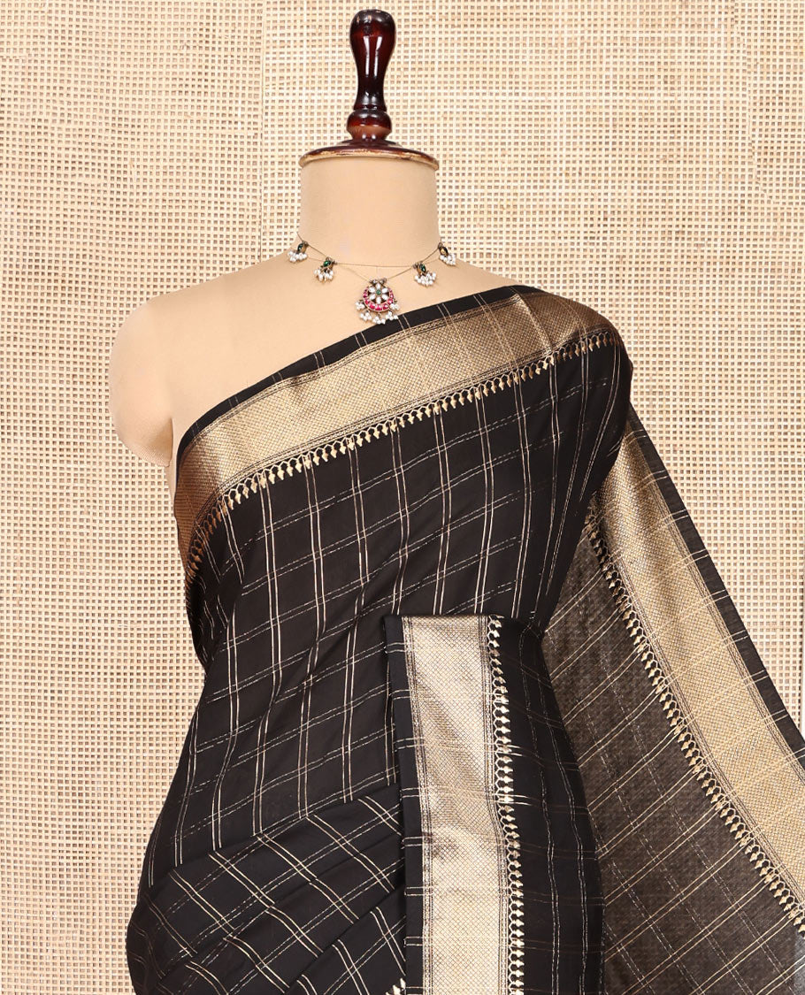 Black Assam Silk Saree, Detailed with Zari Checks, a Traditional Zari Border, Pallu of Zari Stripes