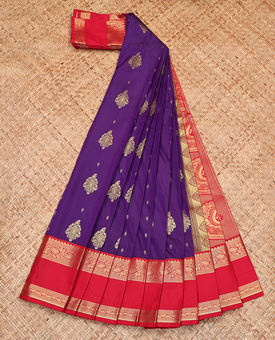 Violet Budget Silk Saree, Spotlighted with Zari Buttas, Complemented by Contrast Traditional Rettai Pettu Border, Grand Pallu, and a Contrast Blouse