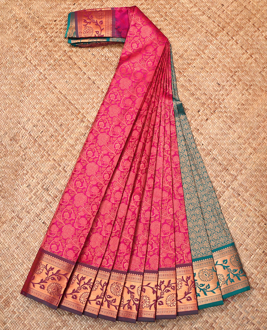Pink Budget Silk Saree, Entralled with Floral Jaal Jacquard, Contrast Floral Creeper Border, Grand Pallu and a Contrast Blouse