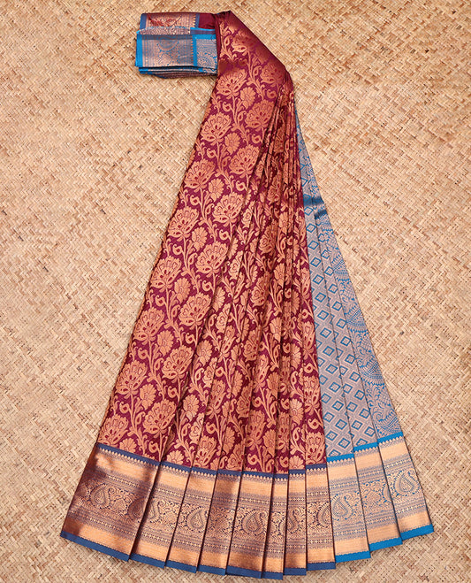 Wine Budget Silk Saree, Embellished with Jacquard, Complemented by a Contrast Traditional Zari Border, Grand Pallu, and a Contrast Blouse