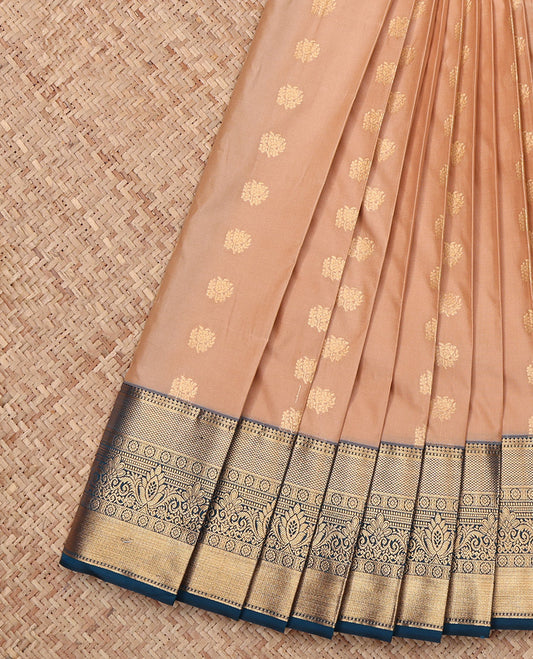 Sandal Budget Silk Saree, Sparsely Woven with Zari Buttas, Complemented by a Contrast Traditional Zari Border, Grand Pallu, and Contrast Blouse