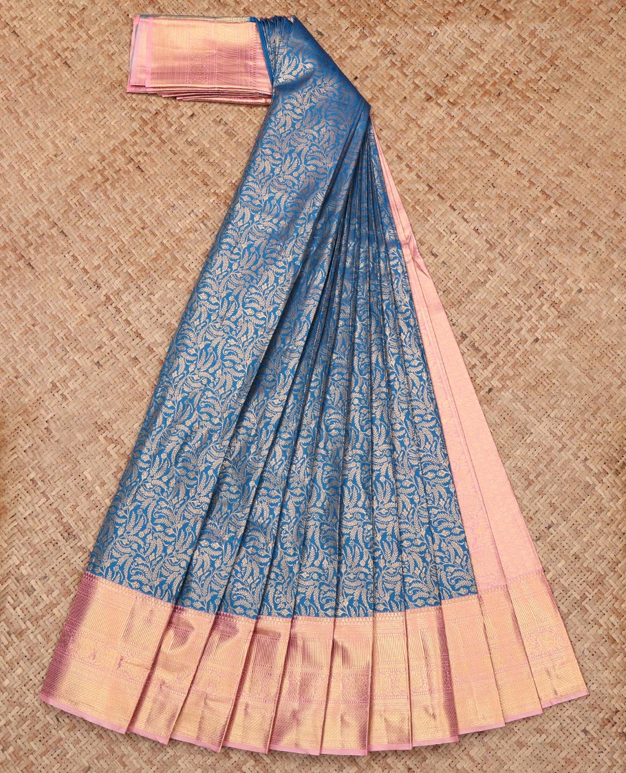 Blue Budget Silk Saree, Graced with Jacquard, Complemented by a Contrast Traditional Zari Border, Intricate Pallu, and a Contrast Blouse