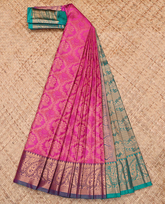 Pink Budget Silk Saree, Decorated with a Jacquard Design, Complemented by a Contrast Paisley Zari Border, Paisley Pallu, and Contrast Blouse