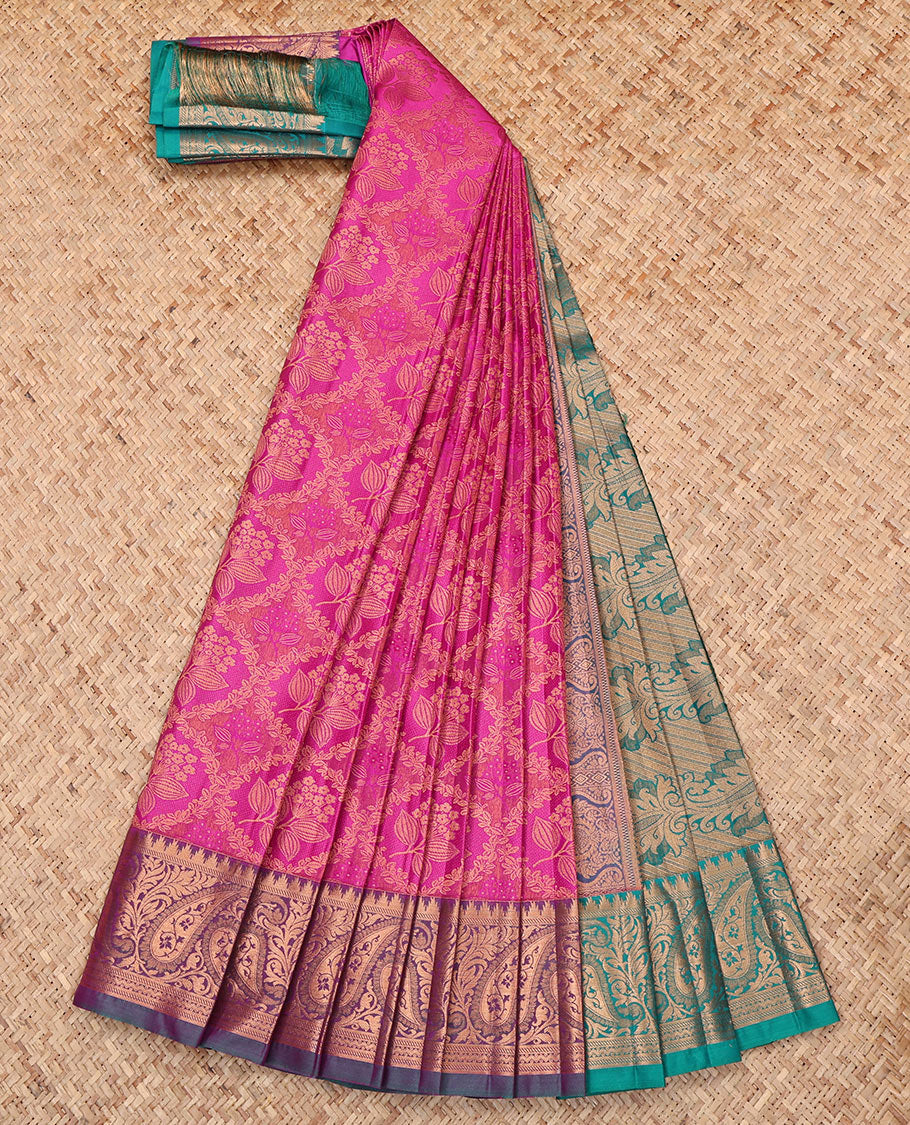 Pink Budget Silk Saree, Decorated with a Jacquard Design, Complemented by a Contrast Paisley Zari Border, Paisley Pallu, and Contrast Blouse