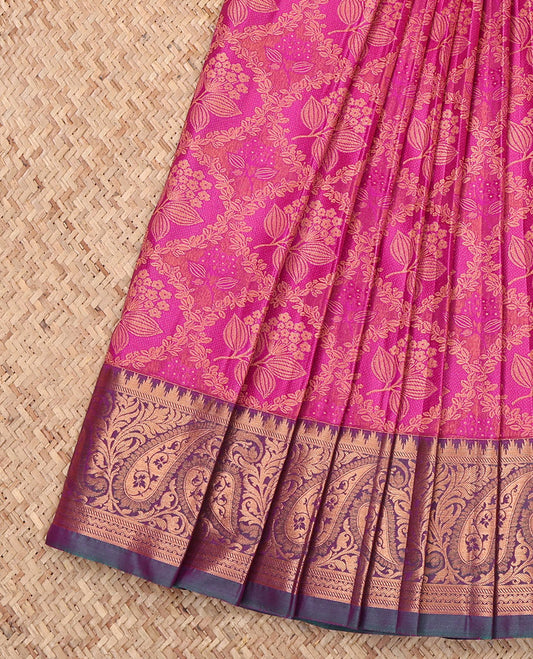 Pink Budget Silk Saree, Decorated with a Jacquard Design, Complemented by a Contrast Paisley Zari Border, Paisley Pallu, and Contrast Blouse