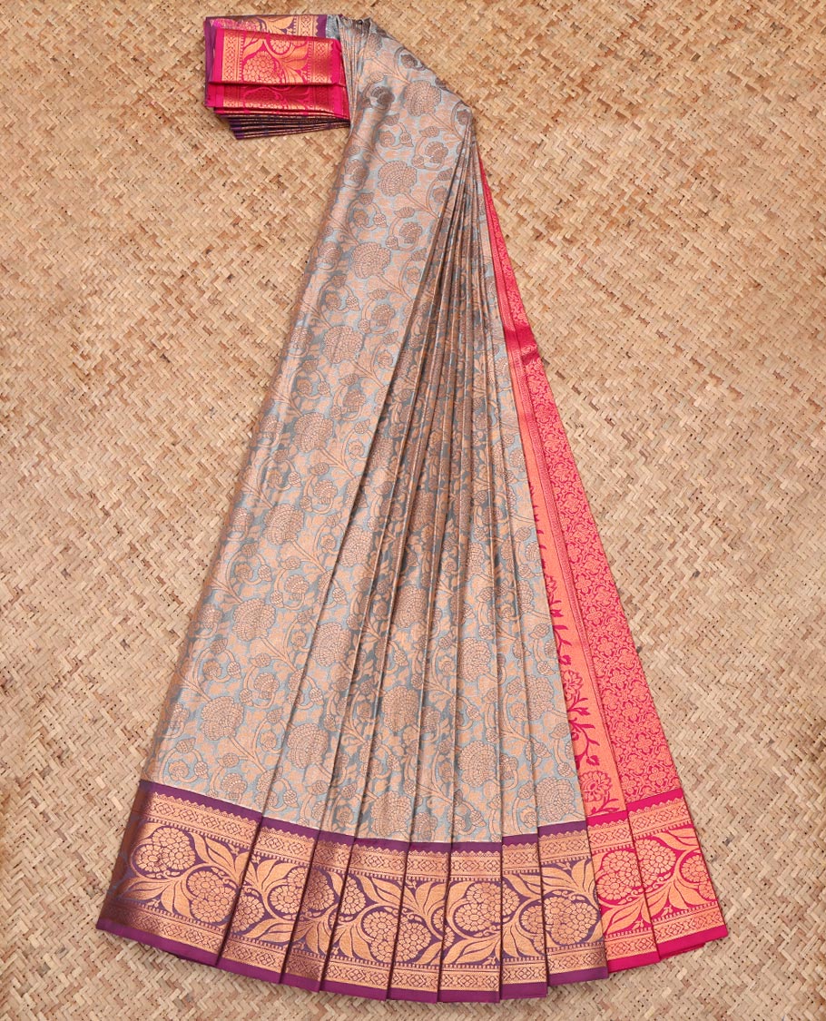 Grey Budget Silk Saree, Elevated with Floral Jacquard, Complemented by a Contrast Floral Creeper Zari Border, Jaal Pallu, and a Contrast Blouse