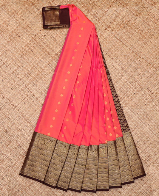 Pink-Orange Budget Silk Saree, Graced with Zari Buttas, Complemented by a Contrast Traditional Zari Border, Grand Pallu, and a Contrast Blouse