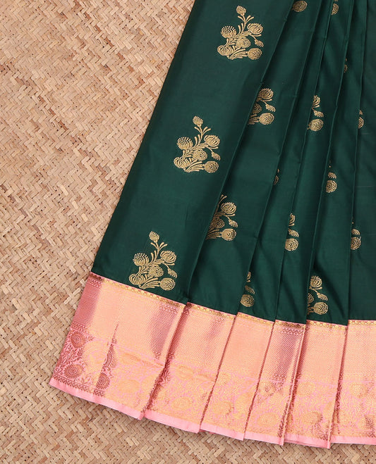 Green Budget Silk Saree, Detailed with Zari Buttas, Complemented by a Contrast Traditional Zari Border, Grand Pallu, and a Contrast Blouse
